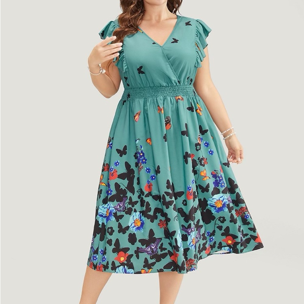 BloomChic Teal Butterfly Print Ruffle Sleeve Surplice Dress Size 12 Large